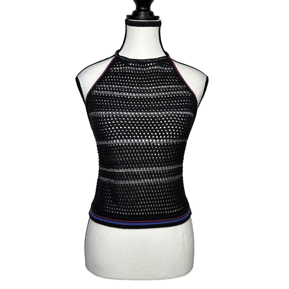 Free People Crochet Halter Top Womens XS Striped Linen Blend Boho Festival Y2K